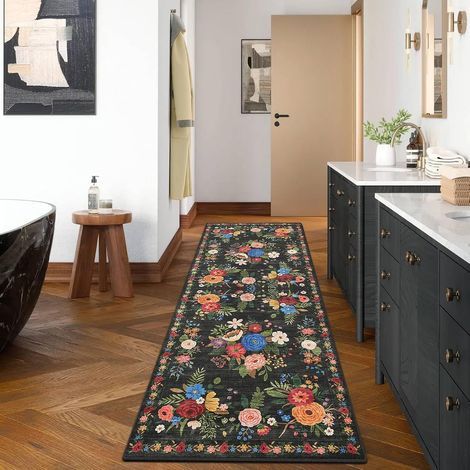 Vintage-Teppich für den Innenbereich, 60 x 180 cm – rutschfest – florales Muster – im Bohème-Stil – kurzflorig – waschbar – für Küche, Wohnzimmer, Schlafzimmer (1/5)