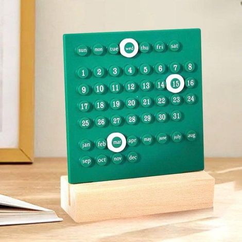 Calendrier perpétuel de bureau réutilisable, affichage date jour mois, support en bois, vert 13,5 x 13,5 cm (1/4)