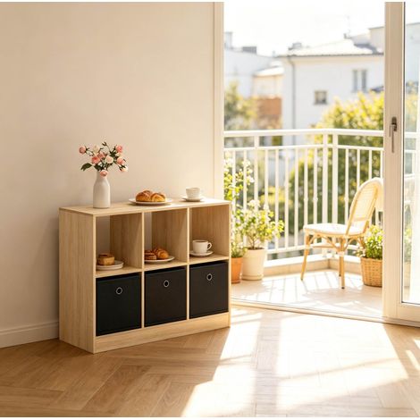 Estantería de cubos 30x80x61 cm roble claro y negro en madera инженерada con 3 cajones de tela y sistema antivuelco (1/5)