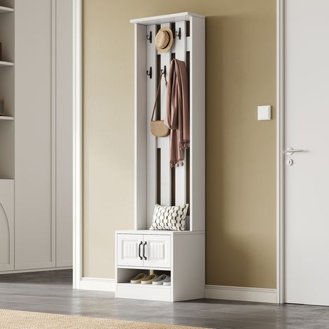 Mueble perchero de entrada en tablero de particulas blanco con 8 ganchos, 50 x 36 x 190 cm, con asiento y puertas (1/5)