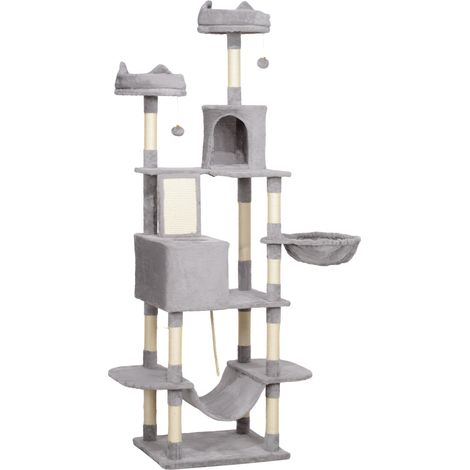 PawHut Albero per Gatti Alto 206 cm con Grotte, Cesti, Amache, Grigio Chiaro (1/5)