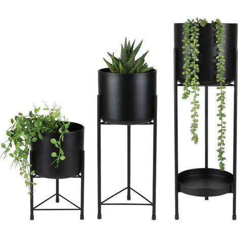 Lot de 3 Cache-Pots sur Pied Métal Noir Design Moderne - Livraison gratuite
