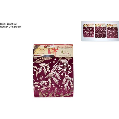 Runner da Tavola Natalizio in Velluro Bordeaux con Decorazioni Oro 28 x 270 cm