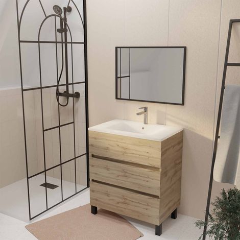 Mobile da bagno 70 Finitura Rovere Naturale 3 cassetti Lavabo bianco e Specchio 70x50cm (1/4)