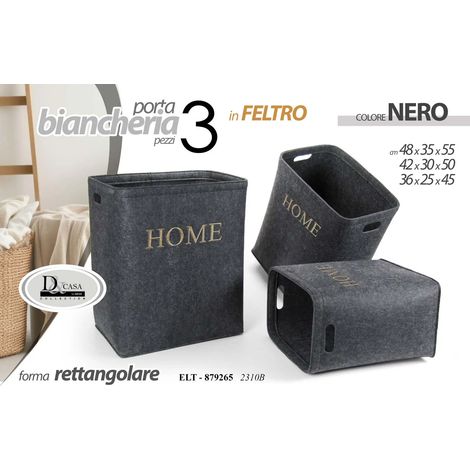 Set aus 3 schwarzen Wäschekörben 48x35x55, 42x30x50 und 36x25x45 cm mit goldener "Home"-Schriftzüge