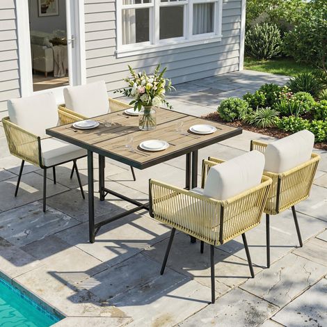 Conjunto de Mesa y Sillas Jardín de Ratán 5 Piezas con Mesa de Plástico-Madera 4 Sillas con Cojines Extraíbles Beige (1/5)