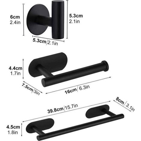 Porte-Serviettes - Porte-Papier Hygiénique - Crochets Salle De Bain - Sans Perçage - Acier Inoxydable 304 - Finition Noire Mate - Ensemble 4 Pièces (1/5)