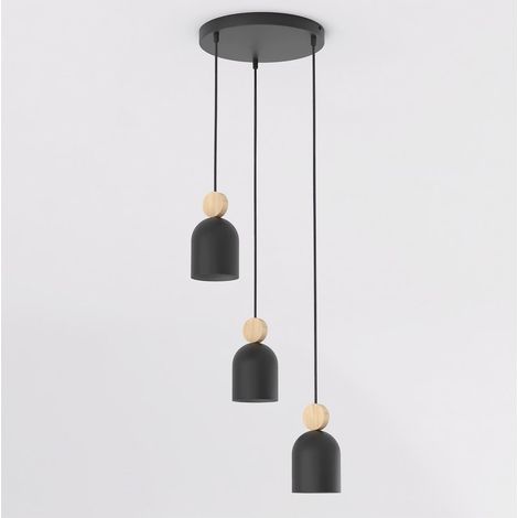 Lampada a sospensione Mesi in acciaio nero e legno naturale