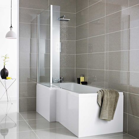 Modern Bathroom L Shaped Shower Bath Front Side Panel White Gloss MDF 1500mm (1/4)