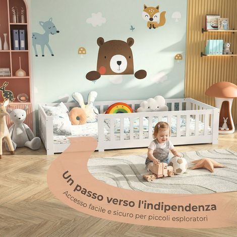 Letto per Bambini 80x160cm,Letto Montessori con Sponde e Cancelletto,Letto da Terra,Letto Singolo per Bambini e Ragazzi,Rete a Doghe,Bianco (1/5)