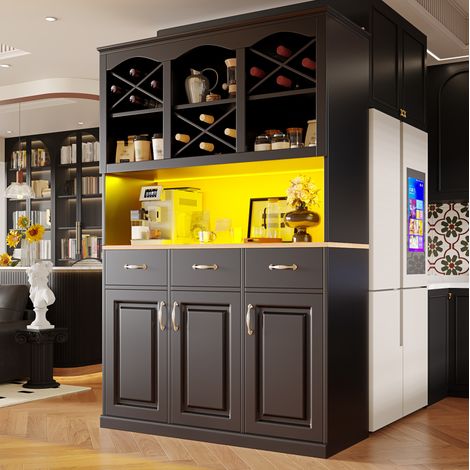 Colonne de cuisine noire 120 x 40 x 180 cm avec 3 portes, 3 tiroirs et LED (1/5)