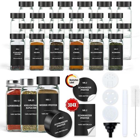 24er Gewürzgläser Set 120ml mit Etiketten und Streueinsatz Schwarz (1/5)