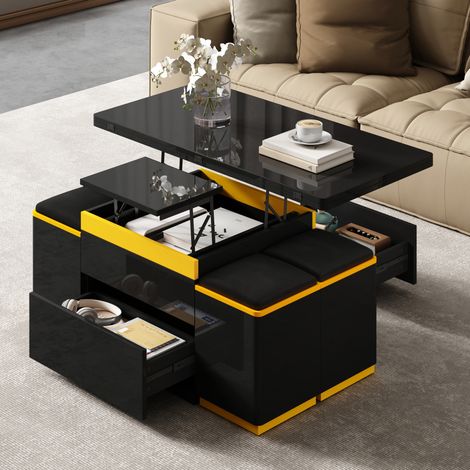 Table basse en MDF et panneau de particules, 100 x 50 x 43 cm, noir et jaune, relevable et pliable (1/5)