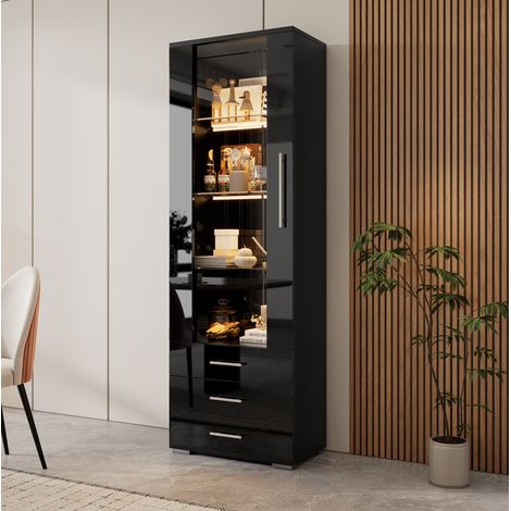 Schwarze Vitrine 60 x 35 x 180 cm mit LED, 3 Schubladen, MDF HAVRYA (1/5)