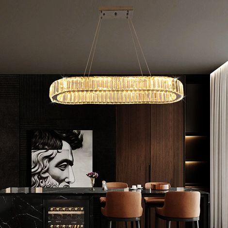 Plafonnier LED ovale cristal inox chromé, 60W, 3 couleurs, 70x25cm, télécommande (1/5)