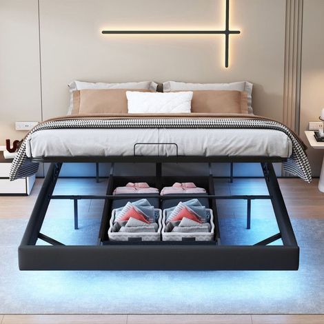 Doppelbett 160x200cm - Schwarzes Schwebebett - Hydraulischer Stauraum - LED RGB - Modernes Design