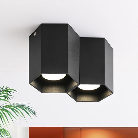 GBLY Plafonnier LED spot en saillie hexagonaux, 180x103mm, douille 2x GU10 pour ampoule LED 40W, spot plafond noir en métal, éclairage plafond moderne, profondeur 110mm, IP20