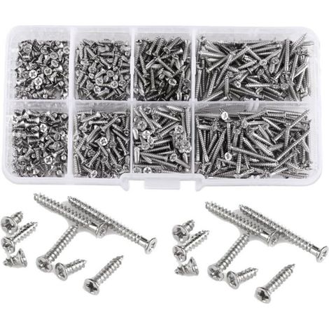 Assortiment De 800 Vis Autotaraudeuses M2 Cruciformes À Tête Plate - En Acier Au Carbone - 4, 5, 6, 8, 10, 12, 16 Et 20 Mm - Avec Boîte De Rangement (1/5)