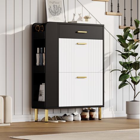 Zapatero 80x24x105 cm blanco y negro en MDF y tablero de partículas con 2 abatibles, cajón y estantes abiertos (1/5)