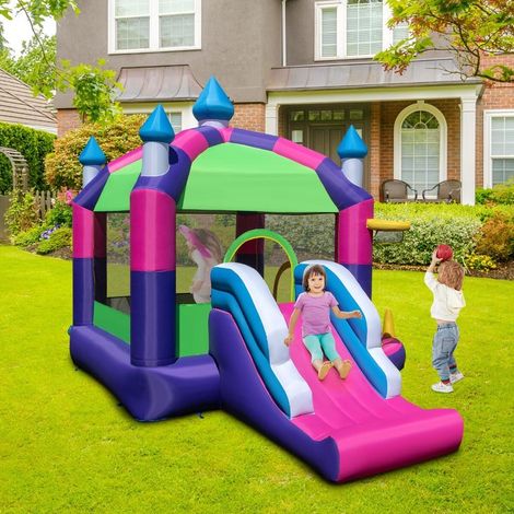 Pour Enfants Montage Rapide avec Sac Château Gonflable 5 en 1 avec Toit Pare-Soleil et Toboggan 385x332cm (1/5)