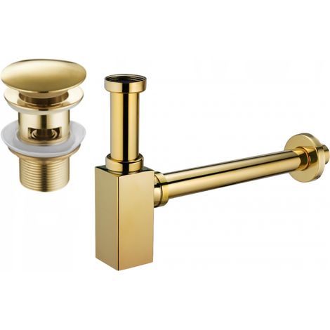 Mexen quadratischer Waschbecken-Halbsiphon mit Klick-Klack-Stöpsel, mit Überlauf, Gold - 7992060-50