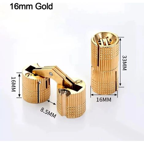 Charnières cylindriques invisibles en laiton (16 mm, dorées) pour meubles et portes. (1/5)