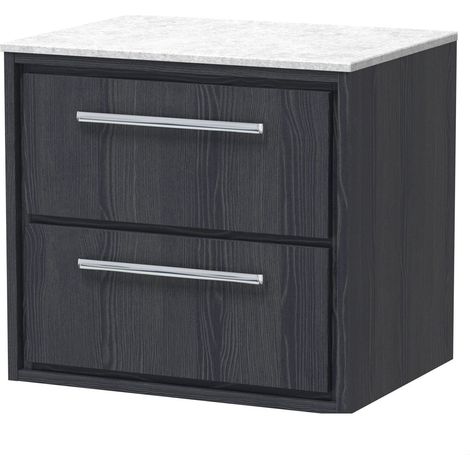 Longnor 2 Drawer Wall Hung Vanity Unit with White Marble Worktop, Woodgrain Graphite Grey, 600mm (1/4)