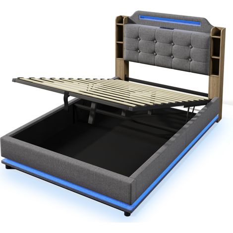 Polsterbett 140 x 200 cm aus grauem Leinen mit LED, USB Typ-C und Bettkasten (1/5)