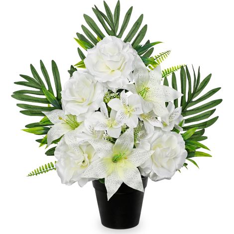 Fleurs artificielles en pot pour cimetière - Arrangement funéraire - 48 cm - Lys blanc en soie - Pivoine - Fleur commémorative pour pierre tombale - Décoration de Noël extérieure (1/5)