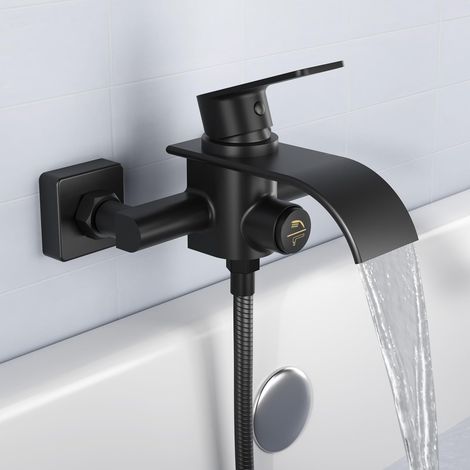 Robinet de baignoire, cascade, noir, mitigeur de baignoire, robinet de douche, pour montage mural, robinet en laiton avec bouton poussoir (1/5)