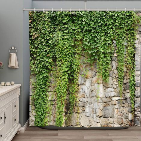 Rideau De Douche - Polyester - Motif Paysage Naturel Feuilles Vertes Murs En Pierre - 150 X 180 Cm - Avec Crochets (1/4)