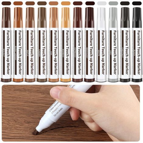 12 pièces Marqueurs de Réparation pour Meubles en Bois Kit Réparation de Meubles Stylo Retouche Peinture pour taches, rayures, sols, tables, bureaux, facile à appliquer (1/5)