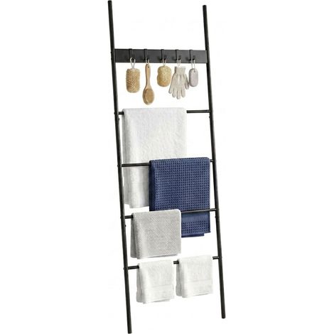 Schwarze Handtuchleiter mit 4 Sprossen und 5 Haken (1/5)
