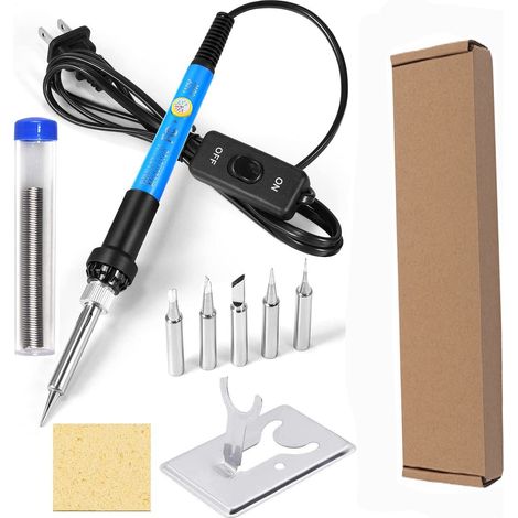 Fer a Souder [Upgraded] Fer a Souder Etain de Précision avec Interrupteur ON/OFF, Temperature Réglable 200450℃, 9 en 1 Kit, 5 pointes de fer à souder, fil à souder, Support de fer à souder (1/5)