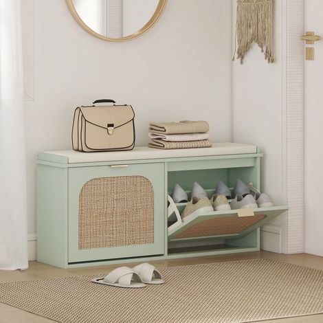Banc chaussures avec Vert rangement assise rembourrée porte rotin. 104x26x47,5 cm