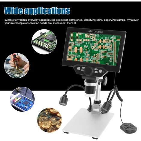 Microscope numérique B1200, grand écran couleur LCD 7 pouces, 12 MP, grossissement continu 1-1200x, avec support métallique et deux lampes auxiliaires. (1/5)