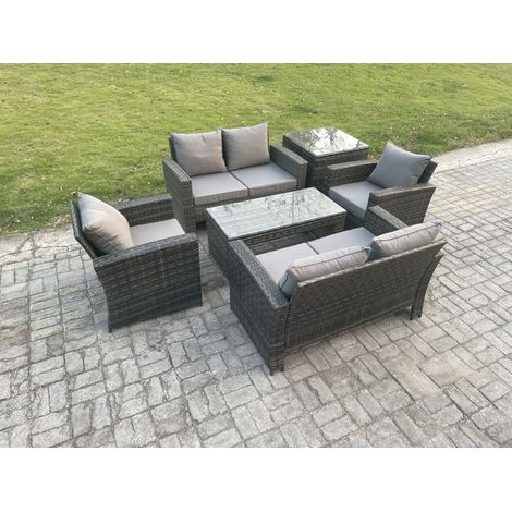 Fimous 6 Seater Dark Grey Mixed High Back Rattan Sofa Set Coffee Table Garden Furniture Outdoor Patio With Love Sofa Arm Chairs Side Table (1/5)