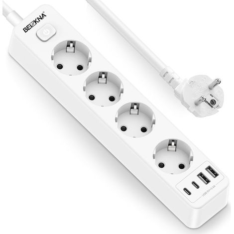 Multiprise avec USB C 8 en 1 Rallonge Multiprise Multiple 4 USB 1,8 M Câble 4000 W Montage Mural Multiprise de 4 Prises avec Protection, Chargeur Multiple avec Interrupteur, 1,5 mm², Blanc (1/5)