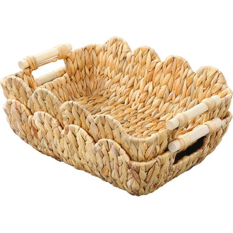 Zwei hellblau umrandete Aufbewahrungskörbe mit Holzgriffen, ein Aufbewahrungskorb-Set für die Wohndekoration. (1/3)
