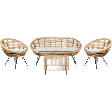 Conjunto sala de estar 4 plazas con mesa de centro ratán sofá sillón boho beige claro cojín tela algodón resistencia media interior natural Maratea/Cesenatico