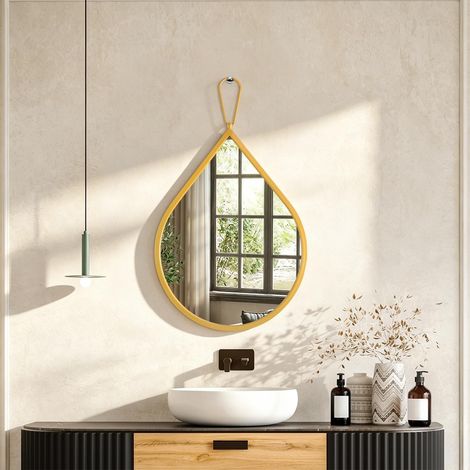 Petit miroir mural doré en forme de goutte d'eau avec cadre en métal épais - Miroirs muraux modernes décoratifs pour chambre à coucher, salon, salle de bain (1/5)
