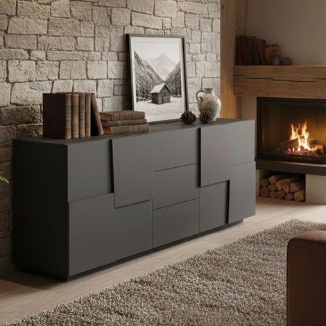 Dmora - Kommode Yoel, Wohnzimmer-Buffet, Wohnzimmer-Kommode mit 4 Türen und 3 Schubladen, 220x44x86 cm, Anthrazit, mit verstärkter Verpackung (1/5)