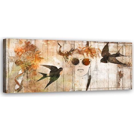 Tableau sur toile Visage de femme et oiseaux 90x30 (1/5)
