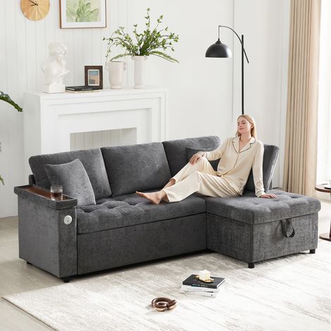 Divano angolare moderno a 3 posti a L con letto estraibile, divano letto con spazio contenitore, caricabatterie USB, spazio contenitore nei braccioli, grigio