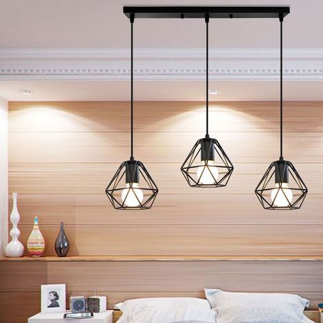 Suspension Luminaire Industrielle Cage Diamant Fer Abat-jour Rétro Lustre Suspendue E27 16cm Noir (1/5)