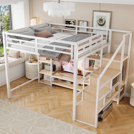 Lit mezzanine 140x200 cm avec support TV et prise, échelle de rangement, en métal blanc, sans matelas (1/5)