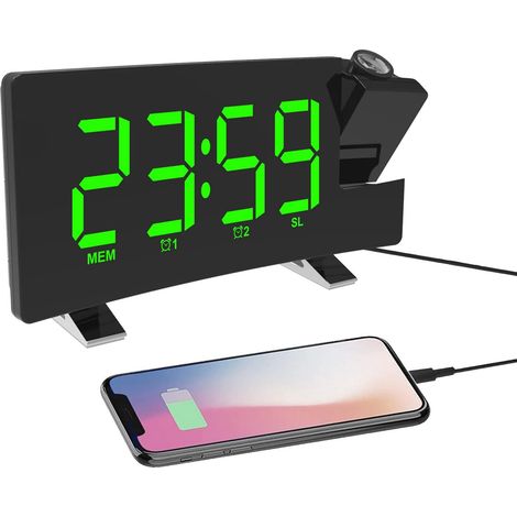 Réveil Projecteur Plafond 180°, Radio FM USB, Horloge Numérique Double Alarme, Minuterie Sommeil, Affichage 12/24H, Vert (1/5)