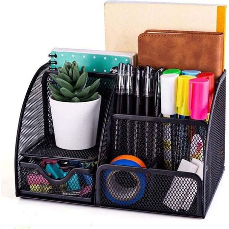 Rangement de Bureau Multifonctionnel, Organisateur de Bureau en Filet Simple avec Tiroir Coulissant, Porte-Stylo Peu Encombrant (Noir) (1/4)