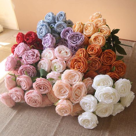 10 Rosas de Seda Vintage con Tallos - Corona de Otoño DIY, Boda, Fiesta, Hogar, Oficina, Decoración para Fiesta de Bebé - Ideal para Manualidades DIY