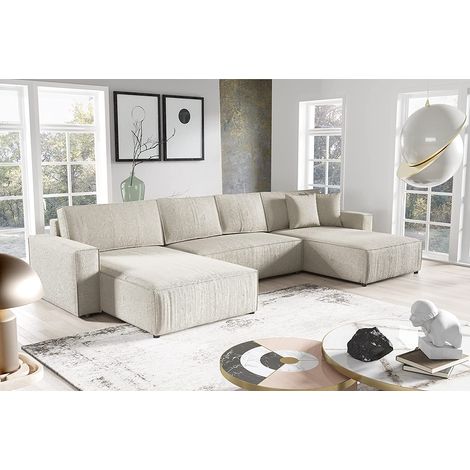 Tendencio – Canapé d'angle panoramique convertible en velours côtelé – Dimensions : 390x185 cm – Couchage 344x144 cm – Coffre de rangement inclus